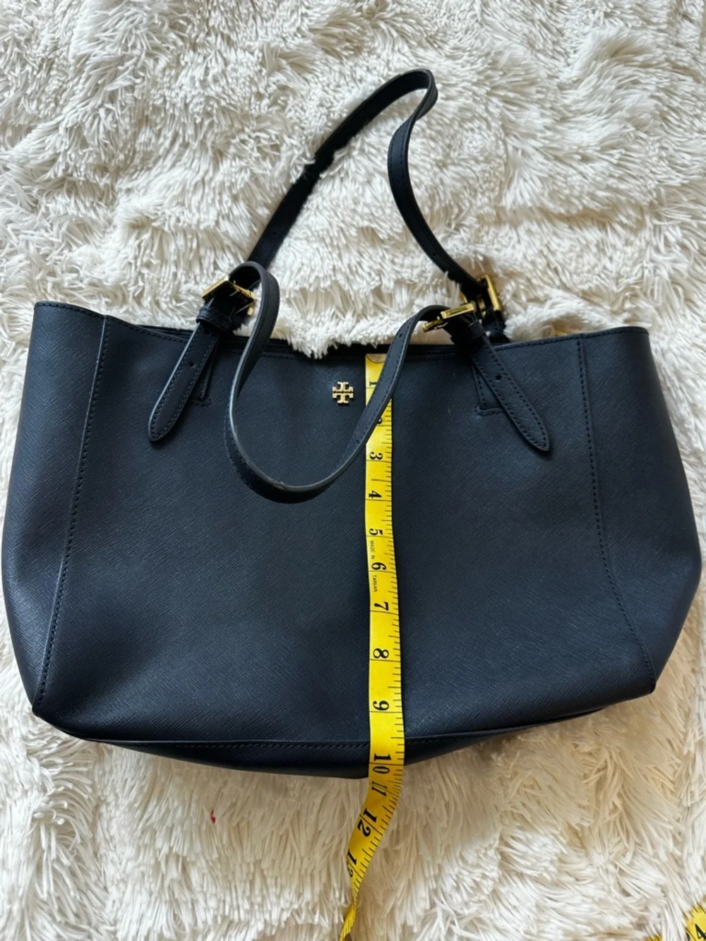 TORY BURCH Navy Blue York Buckle Pebbled Leather Tote Shoulder Bag Gold Hardware